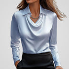 Women's Elegant Draped-Neck Long-Sleeve Satin Blouse - Blue