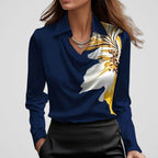 Women's Elegant Draped-Neck Long-Sleeve Satin Blouse