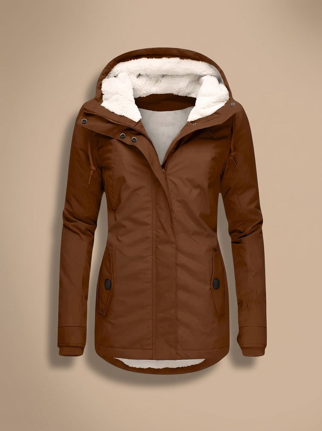 Women's Fleece-Lined Waterproof Hooded Zip-Up Jacket - Brown