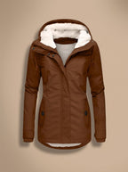 Women's Fleece-Lined Waterproof Hooded Zip-Up Jacket - Brown