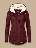 Women's Fleece-Lined Waterproof Hooded Zip-Up Jacket - Red