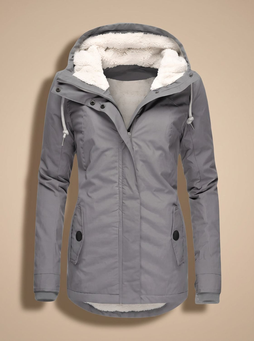 Women's Fleece-Lined Waterproof Hooded Zip-Up Jacket - Grey