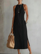 Women's Round Neck Midi Dress - Everyday Casual Style