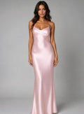 Women's Satin-Feel Bias-Cut Open-Back Maxi Evening Gown - Blush Pink
