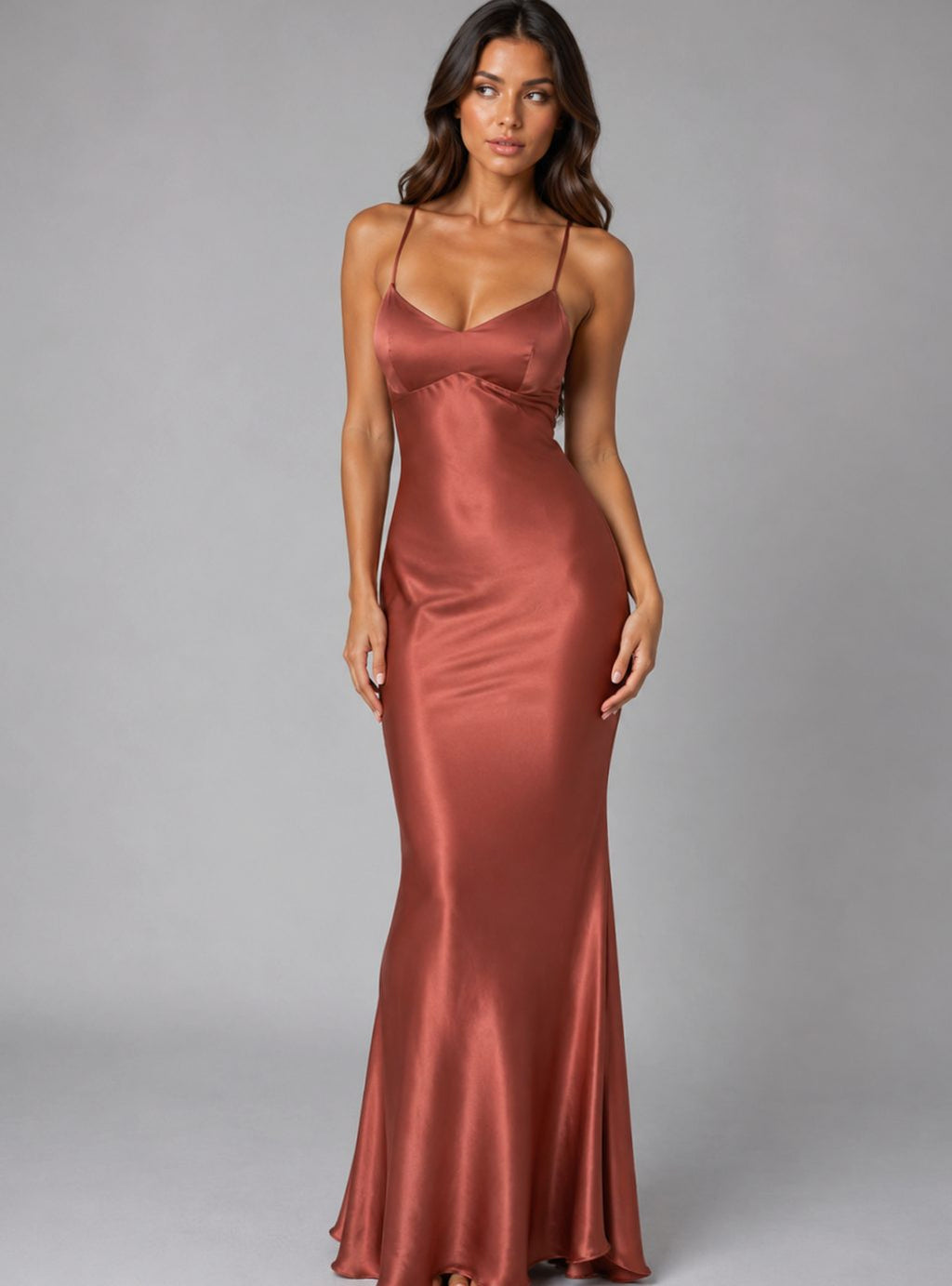 Women's Satin-Feel Bias-Cut Open-Back Maxi Evening Gown - Rust