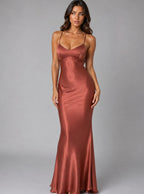 Women's Satin-Feel Bias-Cut Open-Back Maxi Evening Gown - Rust