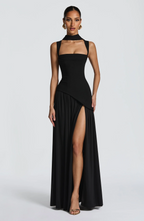 Women's Satin Maxi Dress with Deep V-Neck and Adjustable Straps