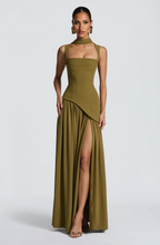 Women's Satin Maxi Dress with Deep V-Neck and Adjustable Straps
