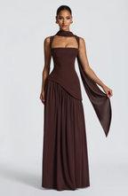 Women's Satin Maxi Dress with Deep V-Neck and Adjustable Straps